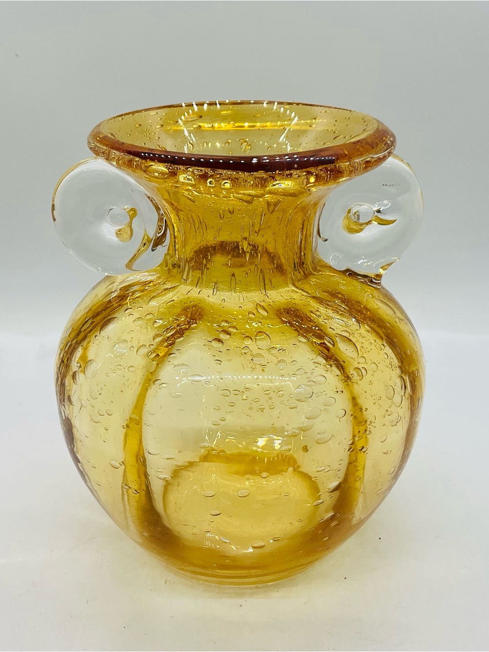 Vintage AMICI Hand Blown Amber/Yellow Glass Vase With Applied Handles 5 1/8" T